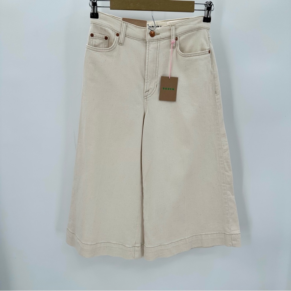 Boden Jeans Women 26 Cream Wide Leg High Rise Culotte Crop Cotton Nautical NEW